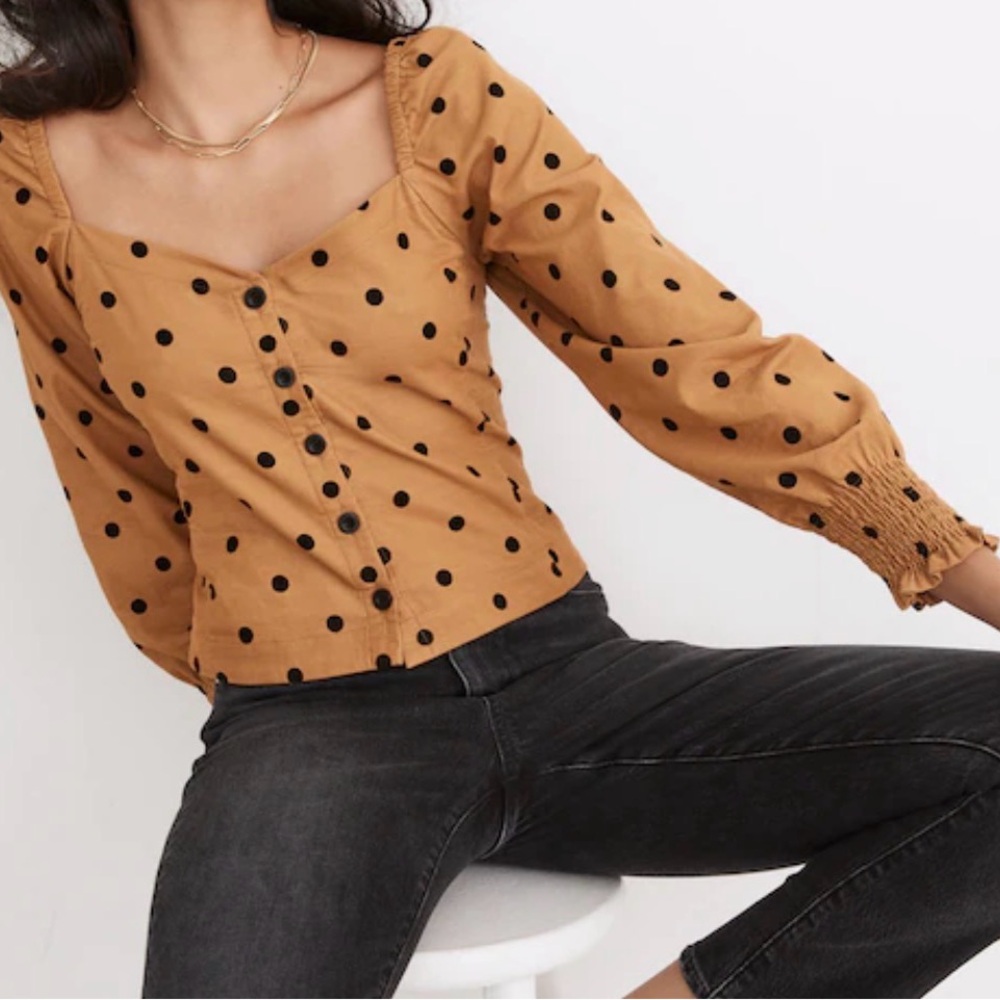 Madewell Toffee Corduroy Sweetheart Smocked Polka Dot Top Size 4